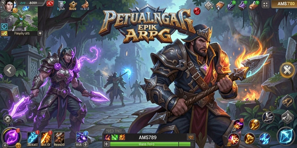 Screenshot menunjukkan karakter bertarung melawan monster dalam gameplay ARPG yang dinamis.
