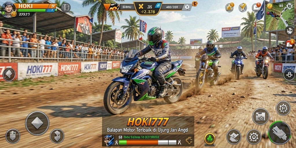 Tangkapan layar gameplay HOKI777 menampilkan aksi balapan motor yang mendebarkan.