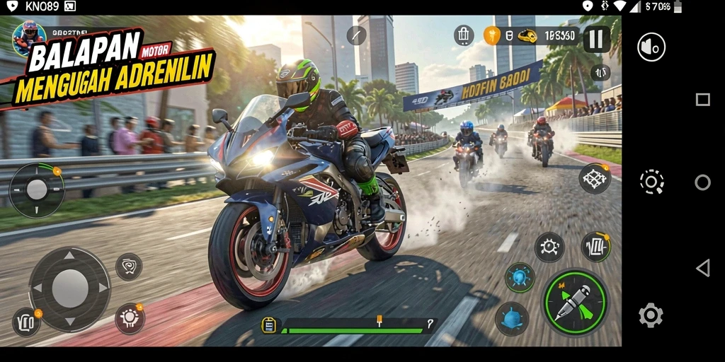 Tampilan gameplay KNO89 yang mendebarkan dengan suasana balapan motor.