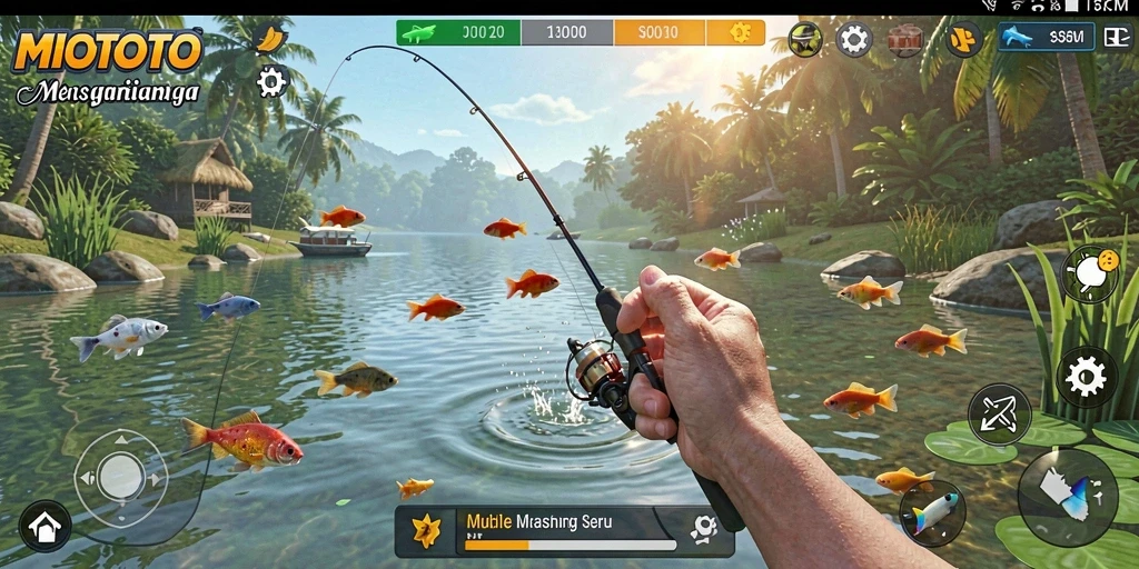 Screenshot gameplay MIOTOTO menunjukkan suasana memancing yang menakjubkan.