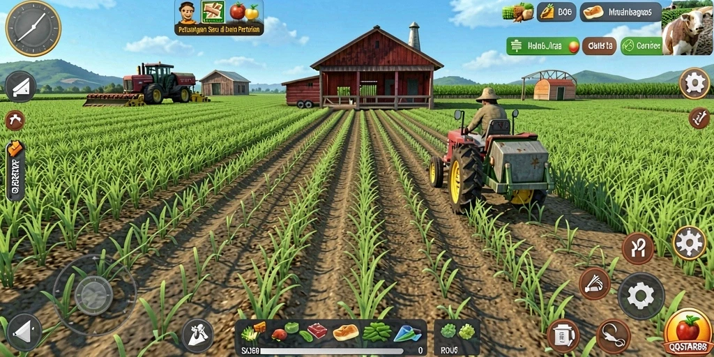 Tampilan gameplay QQSTAR88 yang menampilkan suasana pertanian yang hidup.