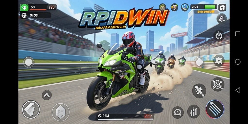 Tangkapan layar gameplay RPIDWIN dengan balapan motor yang mendebarkan.